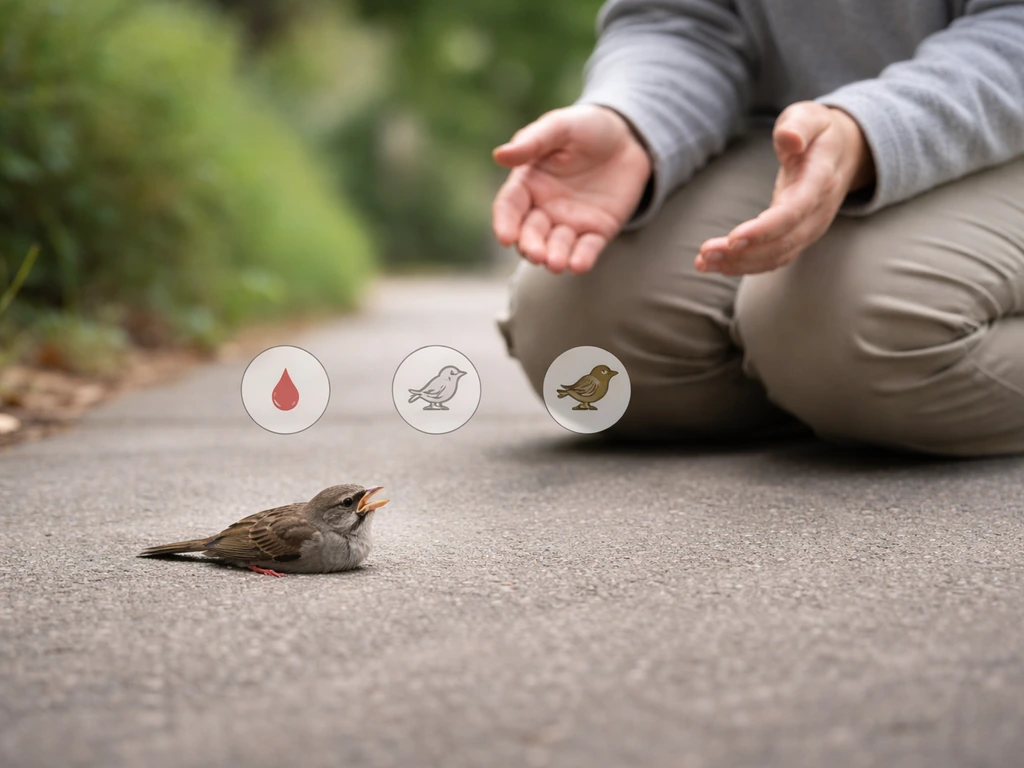 Caregiver kneels at a safe distance watching a small bird on the ground, observing signs of injury