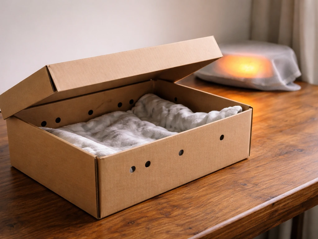 Cardboard shoebox shelter for a small rescued bird with air holes, lined bedding, and gentle nearby warmth
