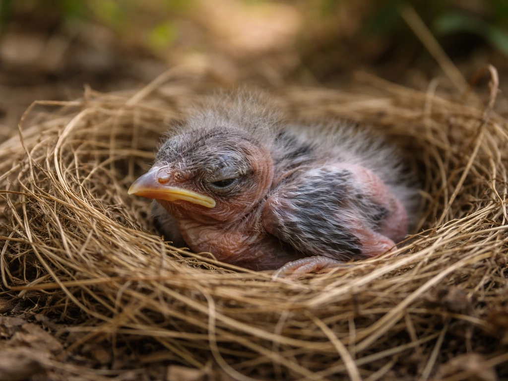 Sparse-feathered nestling with eyes partly closed in a small twigs-and-grass nest.