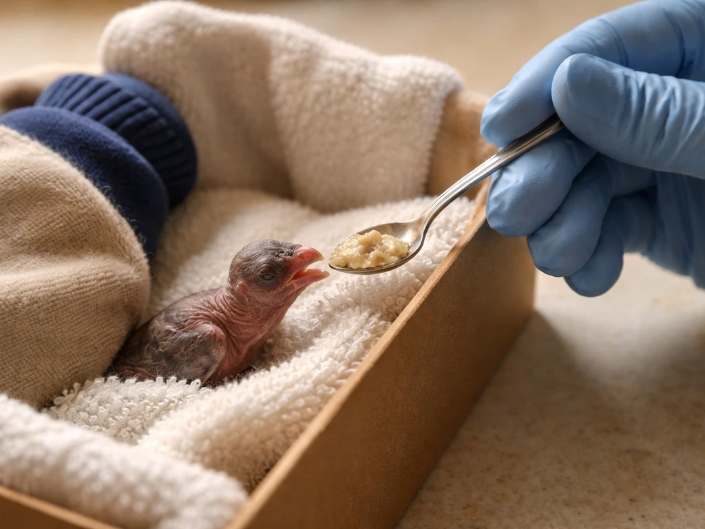 Warm, towel-lined recovery box where gloved hands gently feed a small blind bird with soft food.