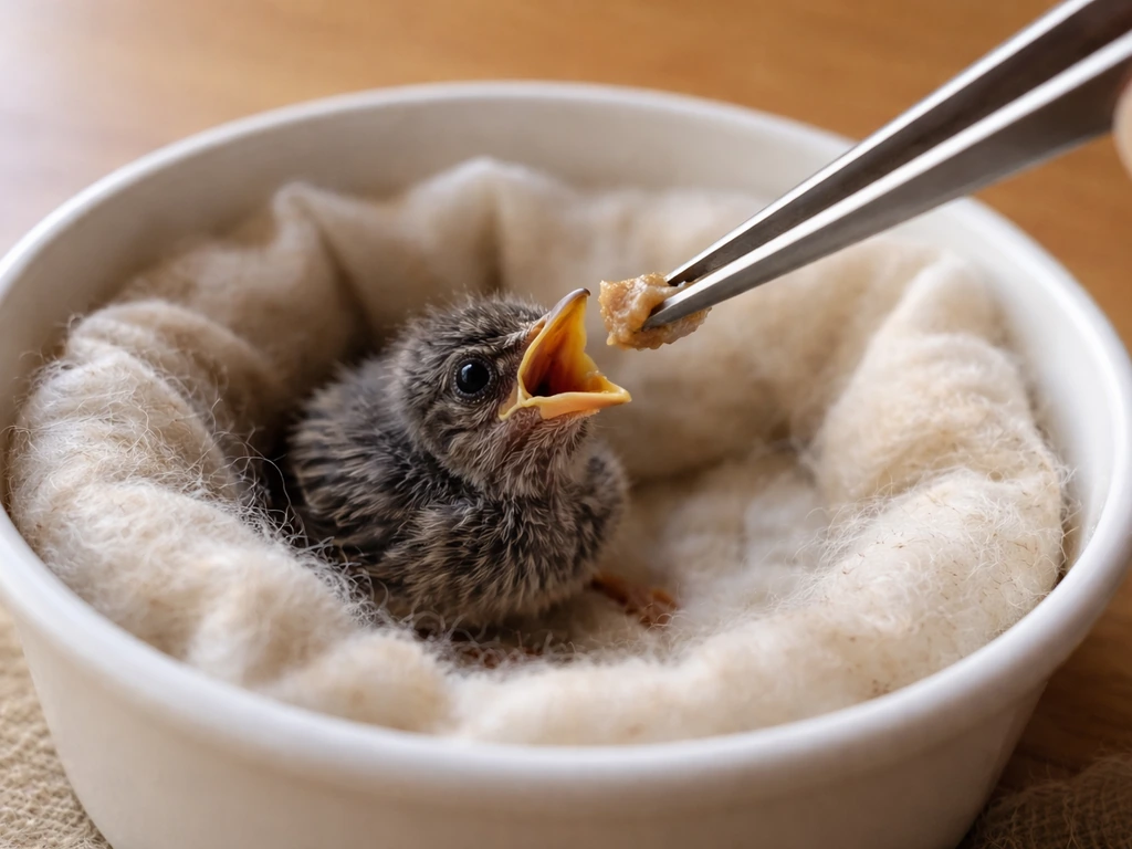 A tiny fledgling in a lined container being gently fed small soft protein pieces with tweezers.