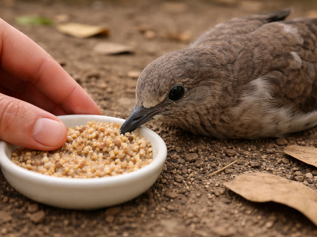 Caregiver placing wet bird food beside an adult bird’s beak on the ground