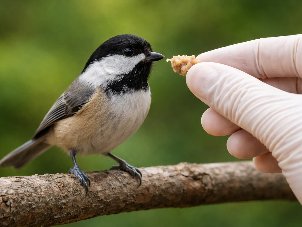 Close-up of a small bird being gently offered food at a safe angle by gloved hand