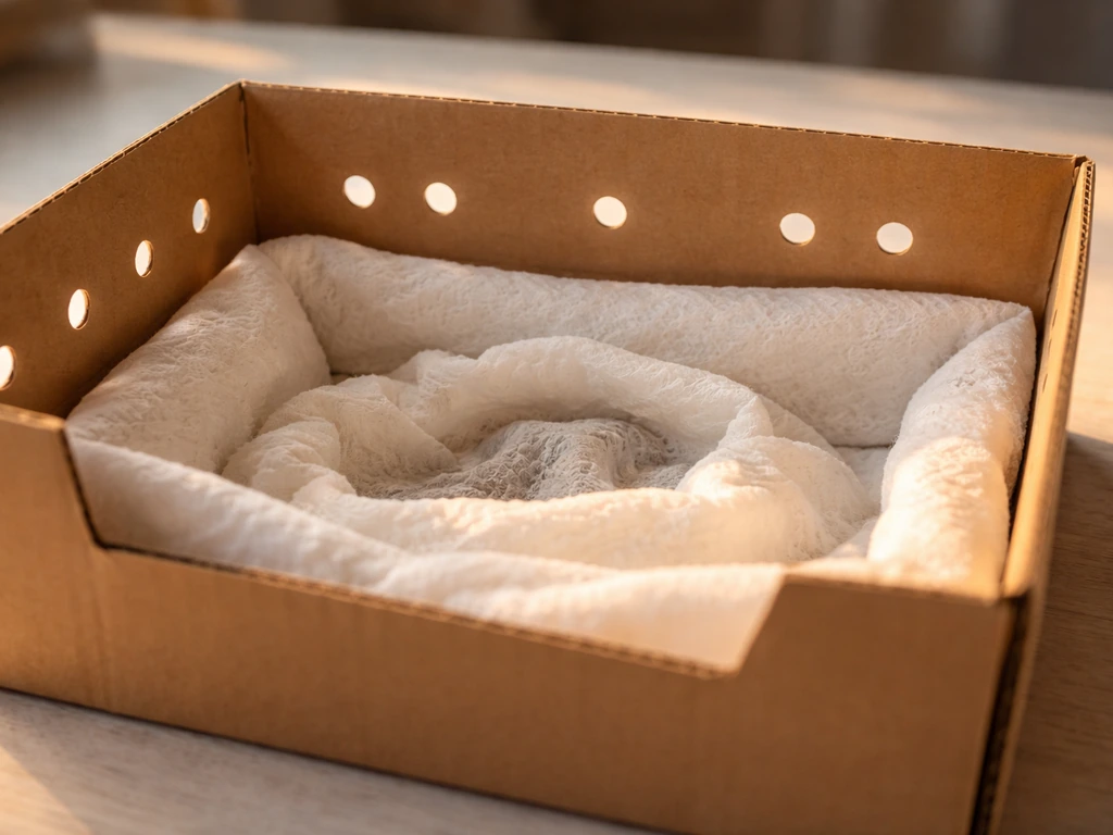 Vented cardboard box lined with paper towels for a blind bird, with no water dish inside.