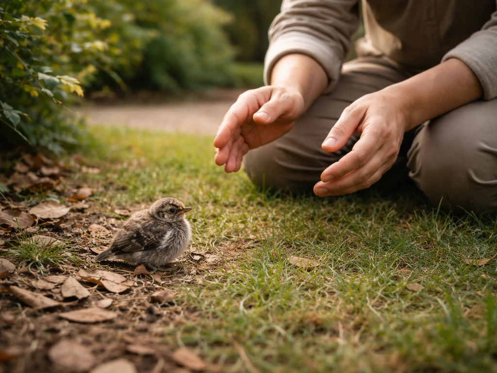 Volunteer gently monitors a small fledgling on the ground near grass and leaves, calm and safe