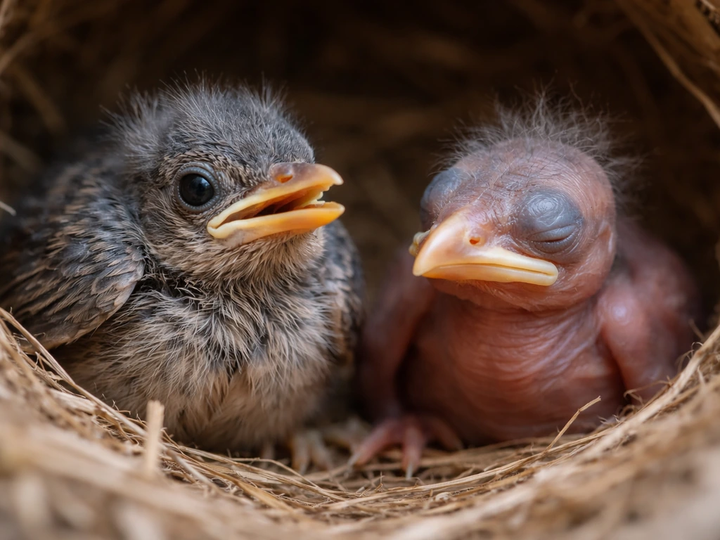Side-by-side close-up of a mostly-feathered fledgling and a featherless nestling with eyes closed in a nest.