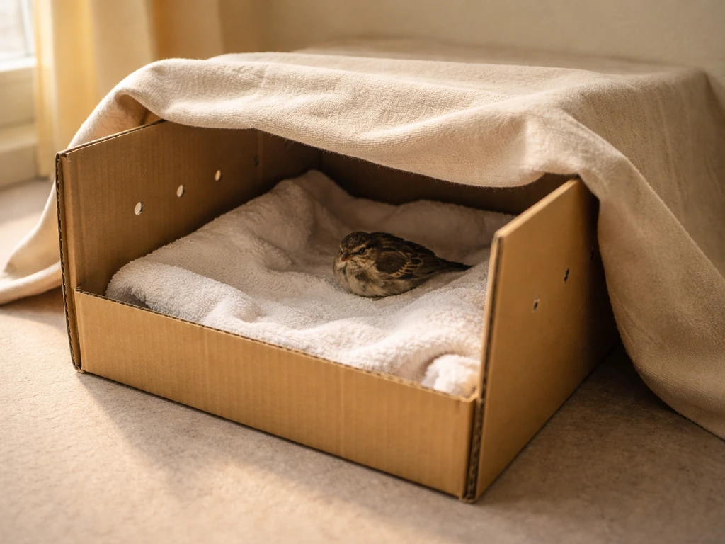 Ventilated cardboard box lined with soft fabric, calmly prepared indoors for a small bird.