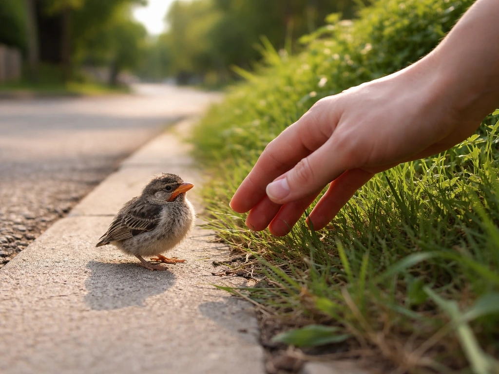 A hand gently guides a small fledgling from a sidewalk toward nearby grass and bushes for cover.