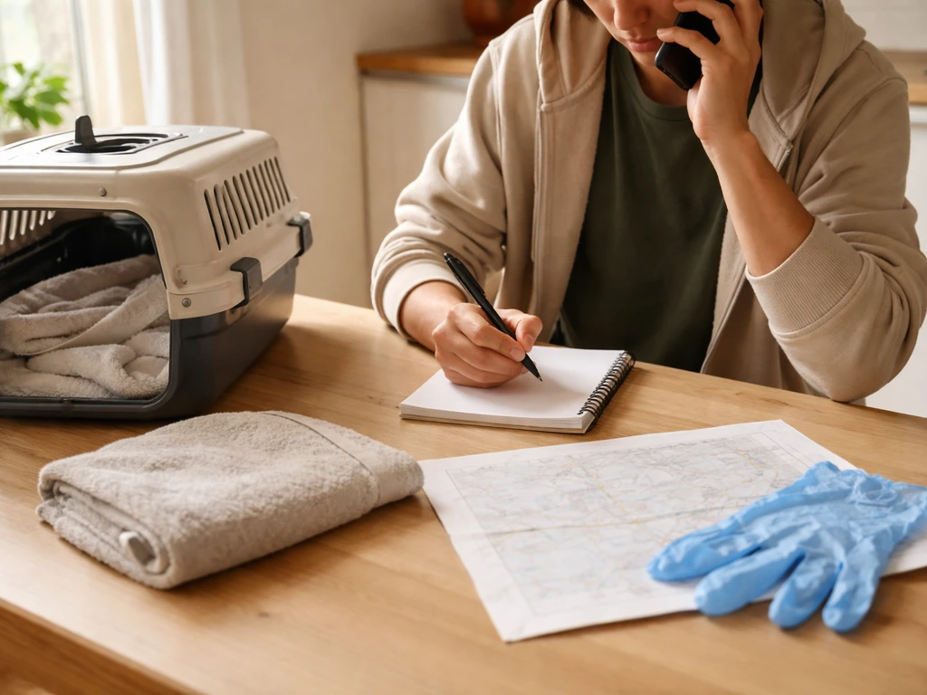 Anonymous person on a phone at home, with a ventilated carrier and towel ready for safe bird transport.