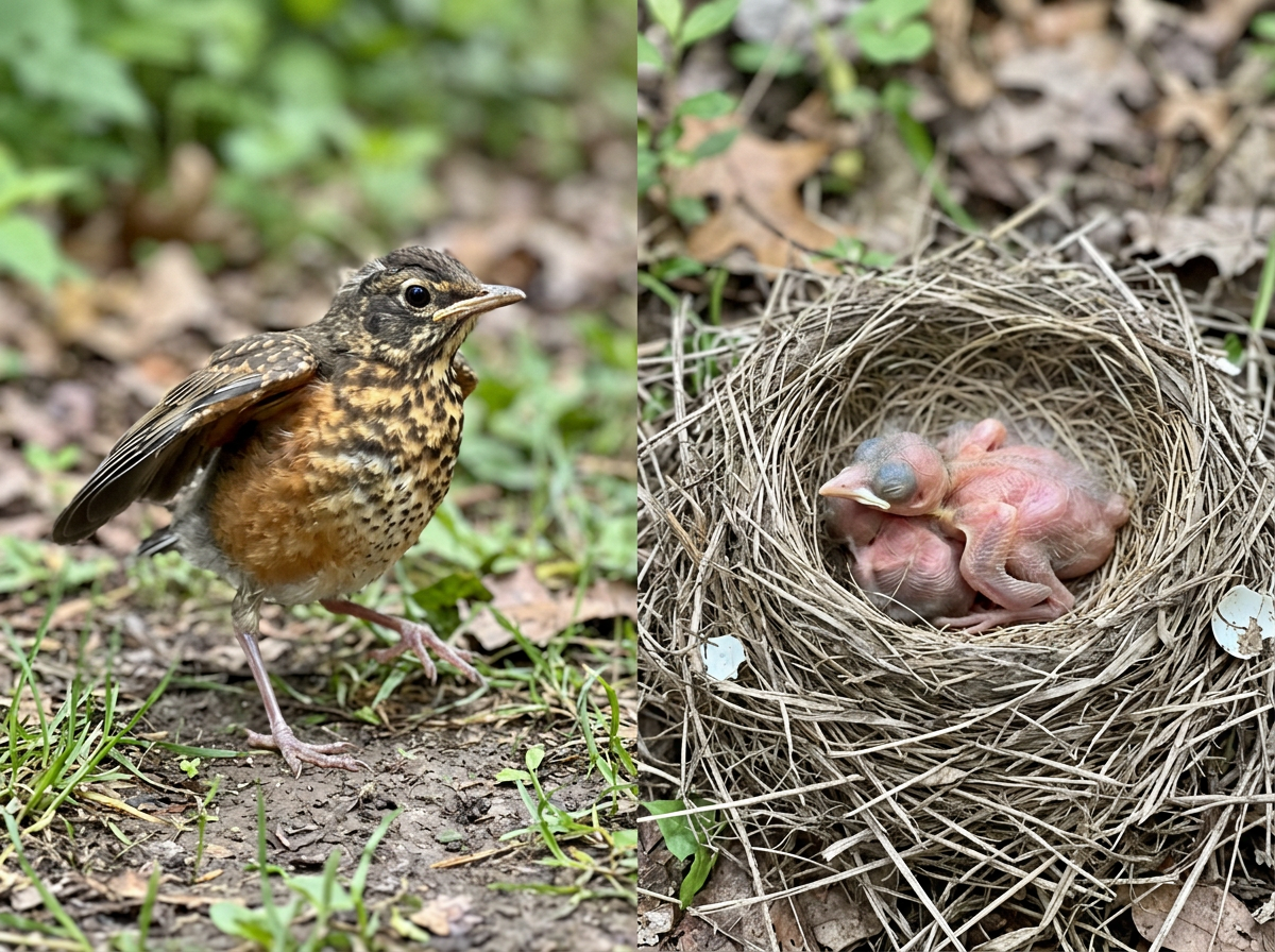 Fledgling vs nestling: feathered hopping bird compared with mostly bare nestling.