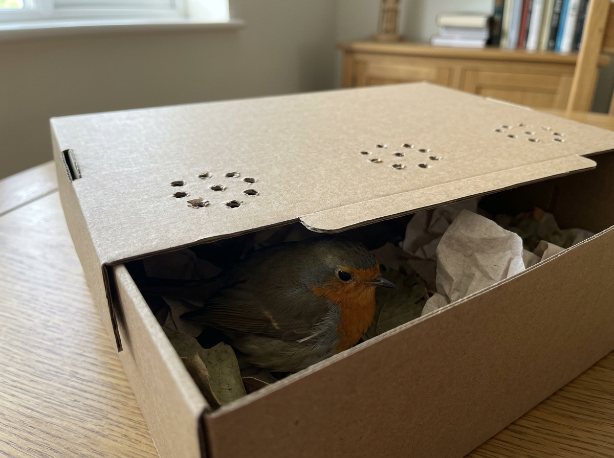 Cardboard rescue box with ventilation holes, bird resting inside safely.