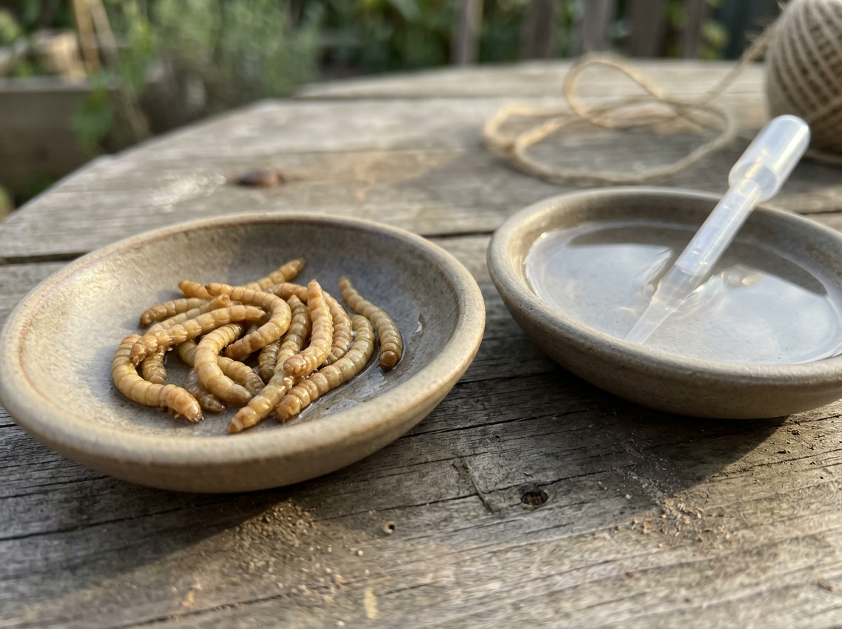 Mealworms prepared for temporary fledgling/nestling feeding guidance.