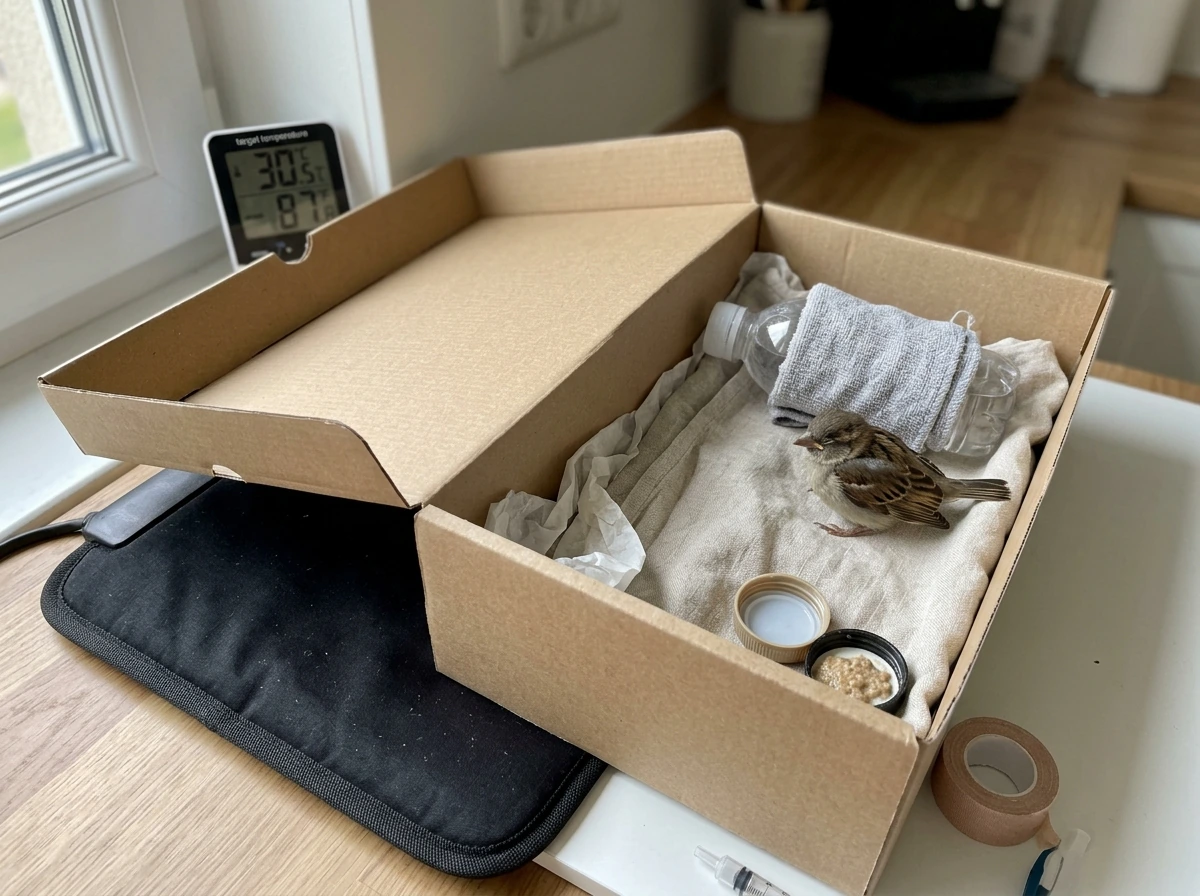 Warmth setup using a low heating pad under one side of a cardboard box.