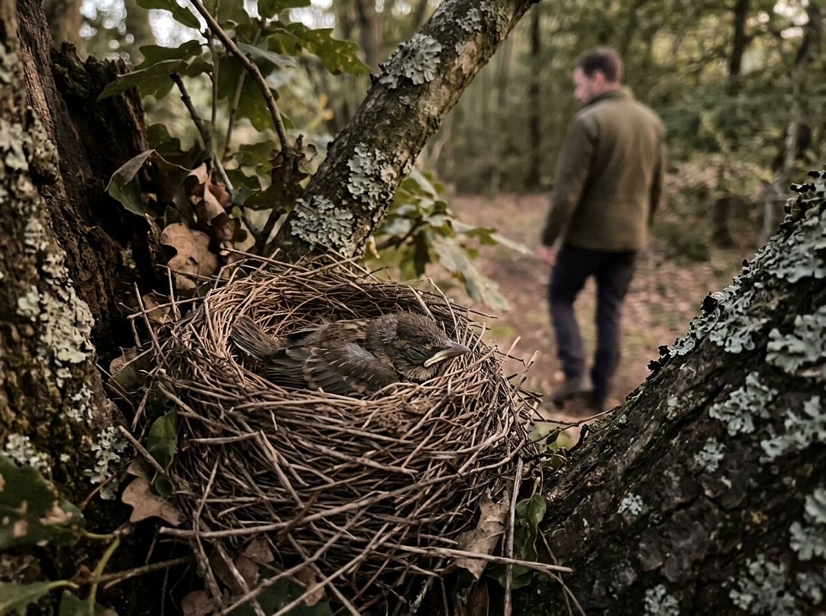 Nestling returned to its nest with the person stepping away to watch.