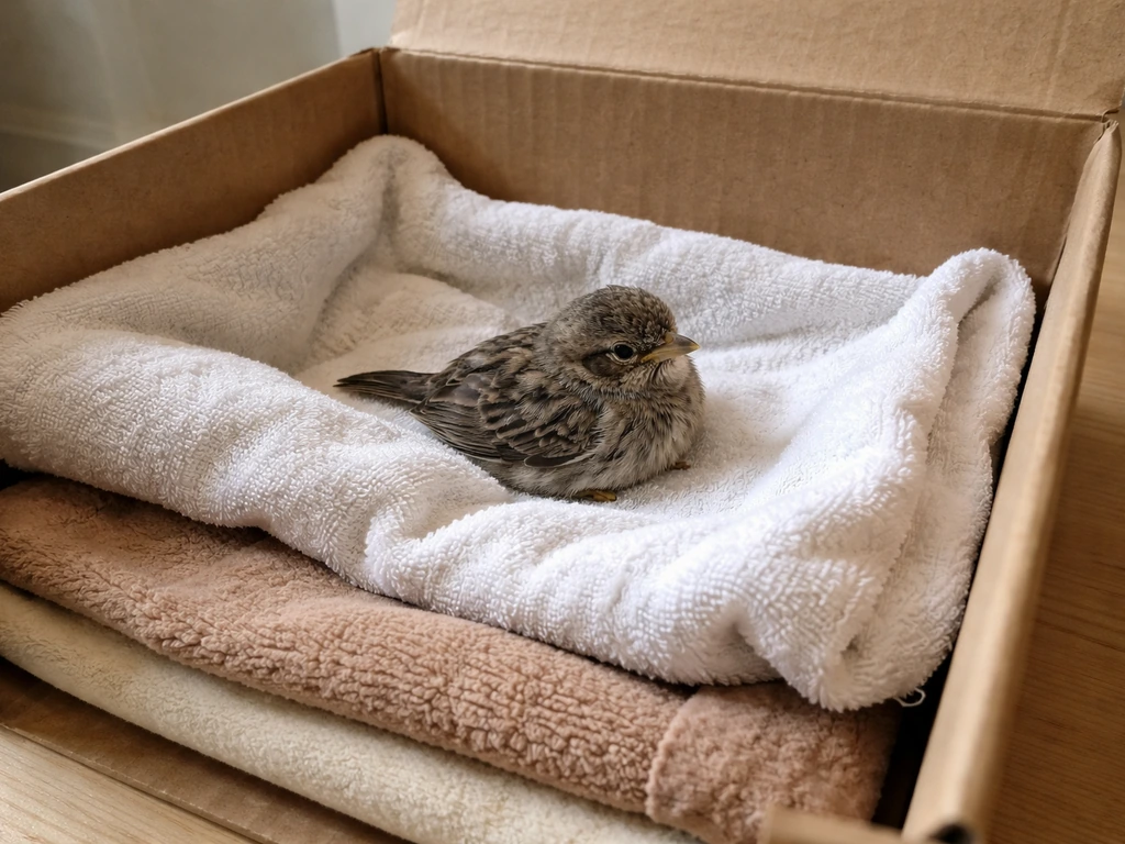 A small juvenile bird in a lined temporary box with a warm heat source for safe, humane care.