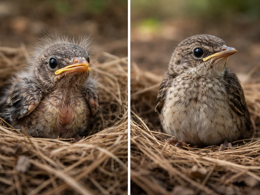 Split scene of a mostly featherless nestling on a nest and a more feathered fledgling perched nearby.