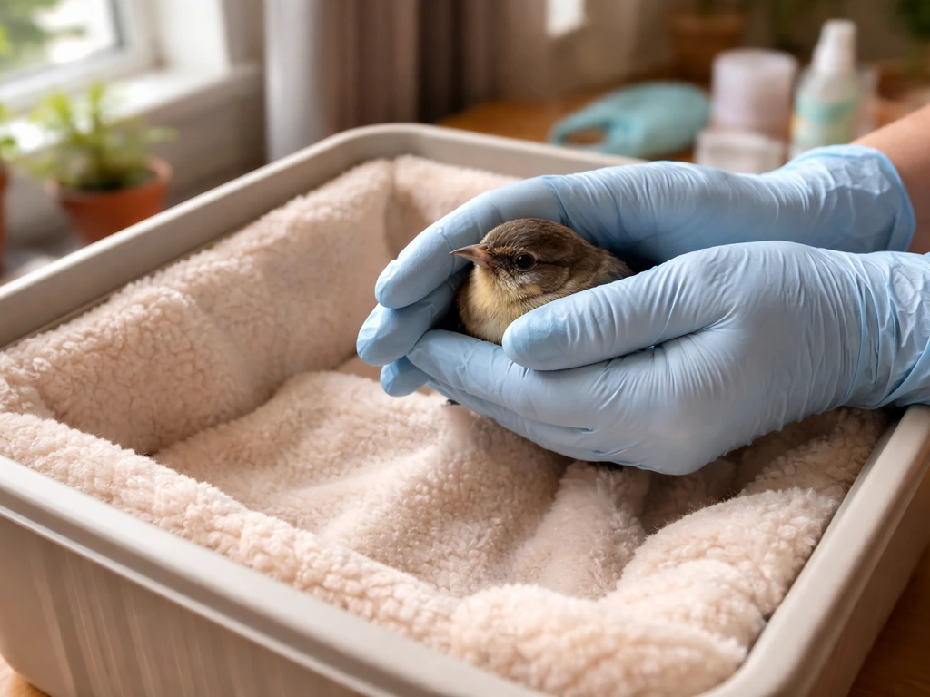 Gloved hands gently holding a small bird near a warm, lined temporary rescue container.
