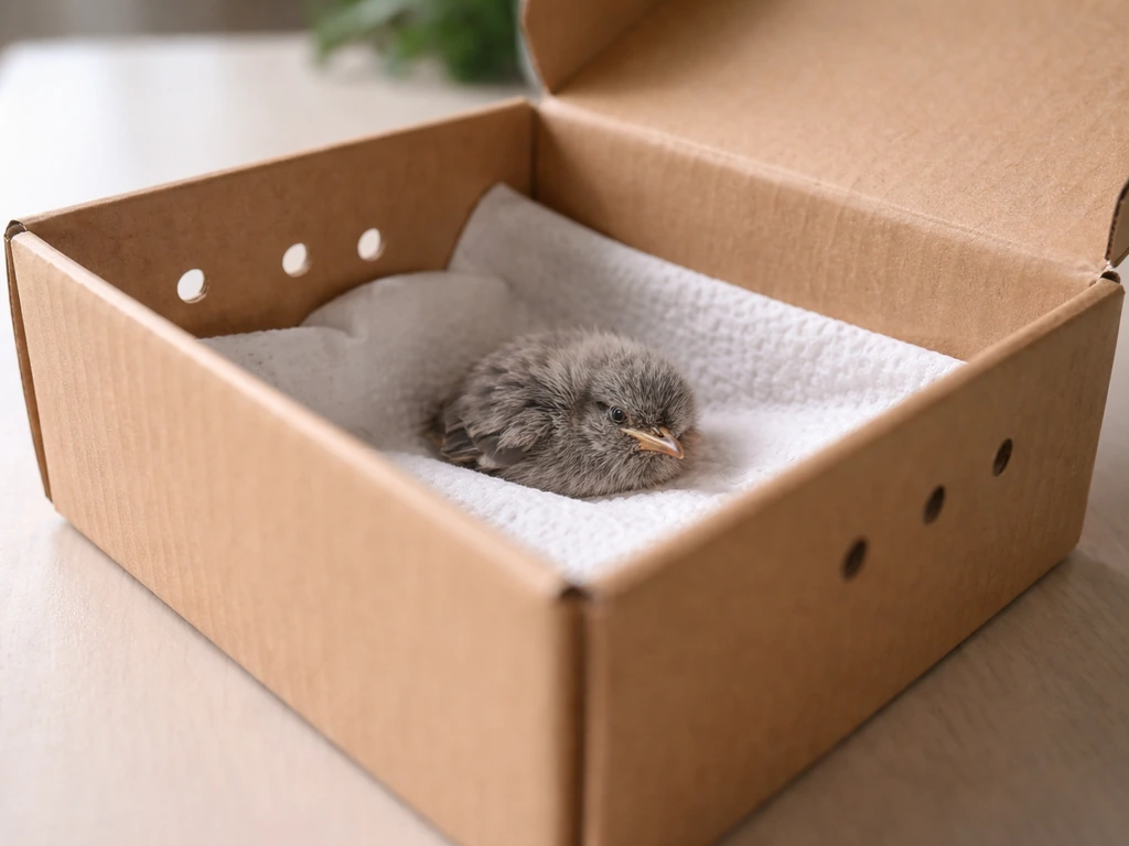 Close-up of a small cardboard box with lid, lined with paper towels, with a baby bird resting inside