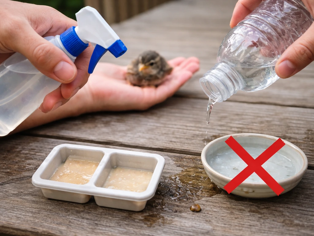 Juvenile bird on a porch step with a caregiver’s water sprayer and tipped bottle indicating unsafe watering.