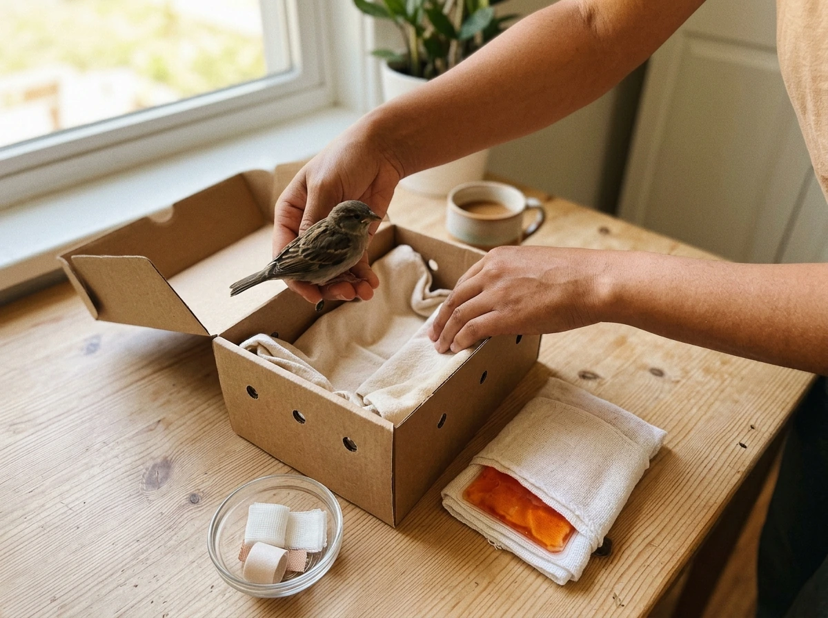Rescuer triaging an injured little bird in a ventilated box with warmth and calm care