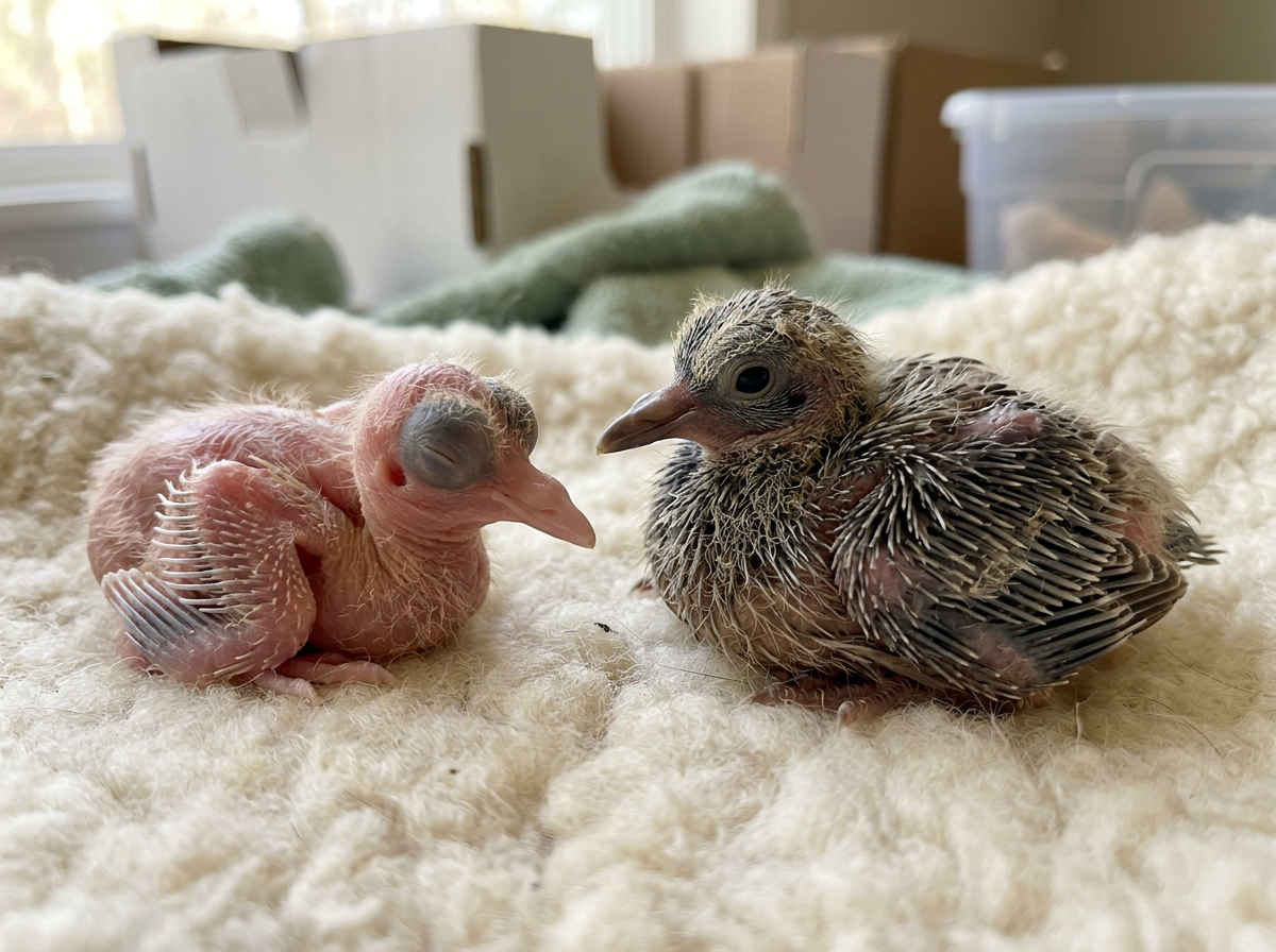 Comparing hatchling vs nestling features such as eyes closed and sparse pin feathers