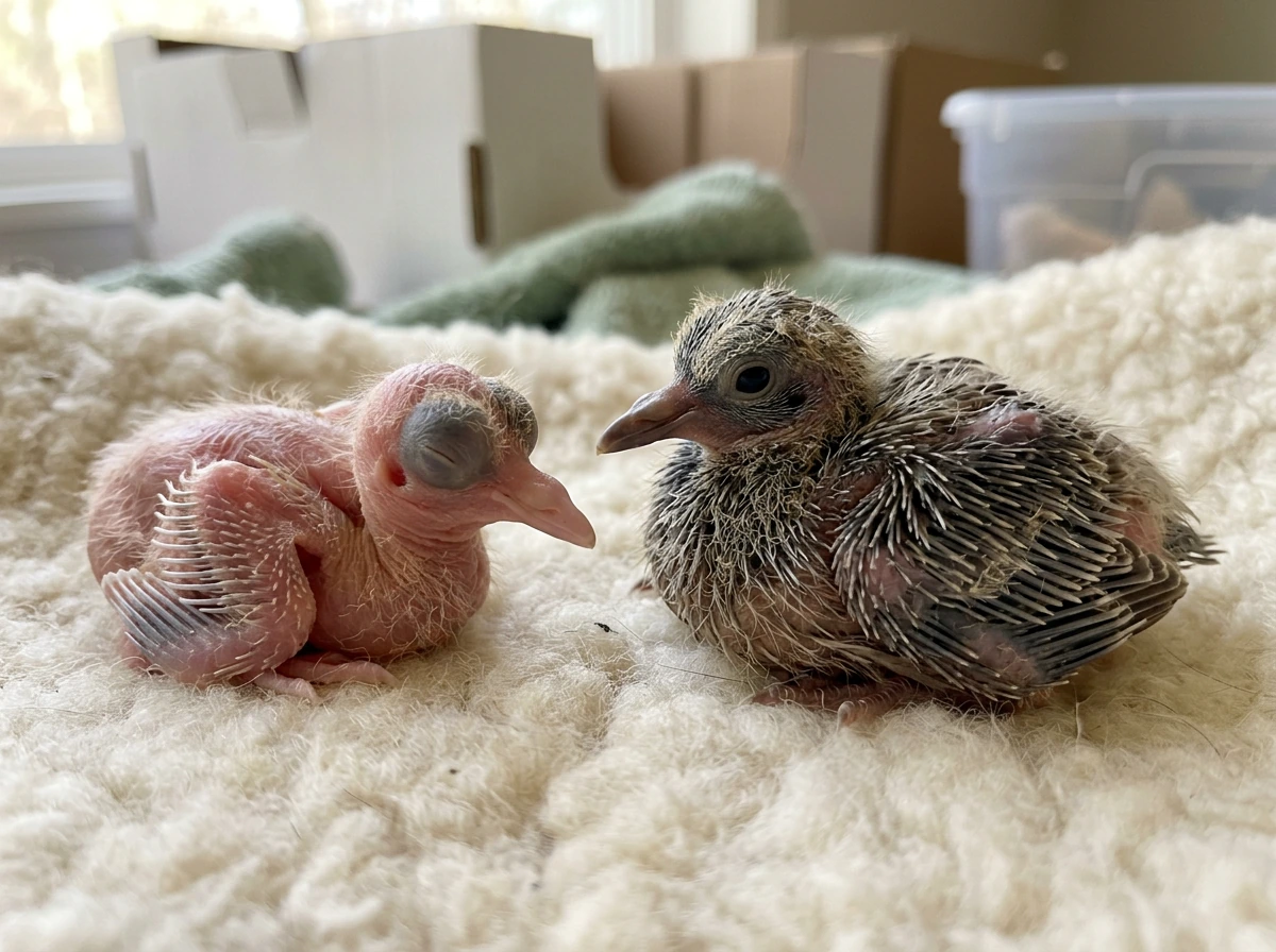 Comparing hatchling vs nestling features such as eyes closed and sparse pin feathers