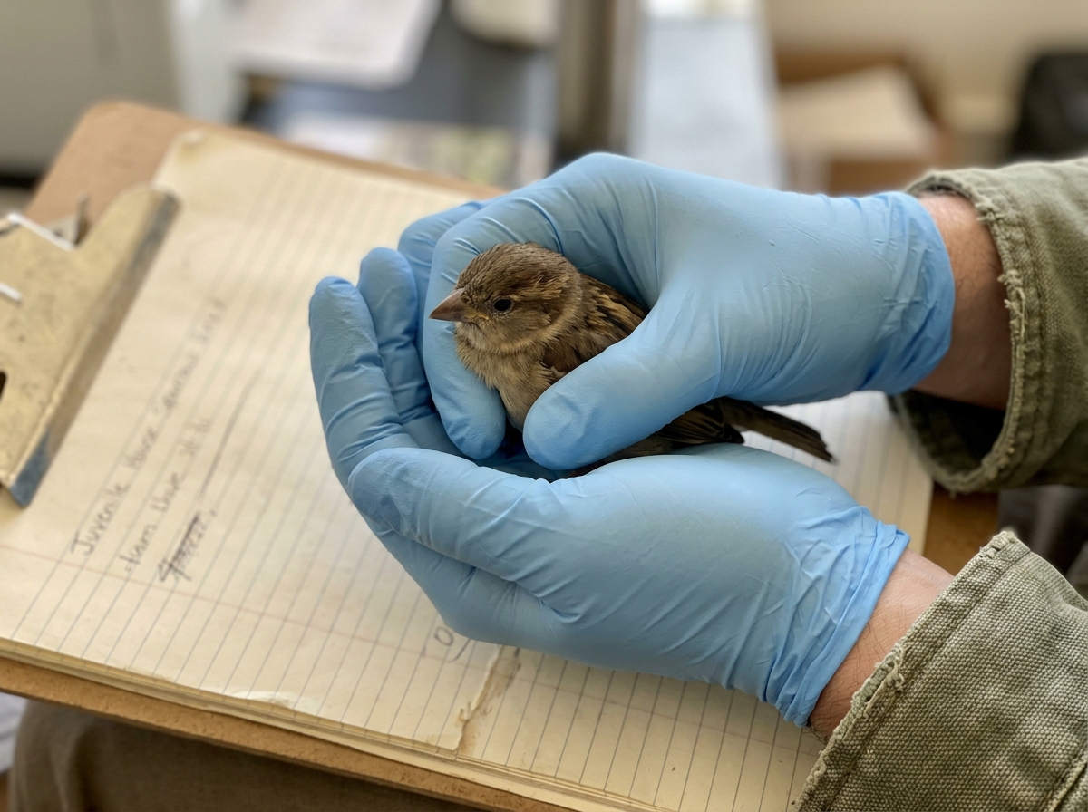 Hands holding a tiny bird gently and briefly using a minimal-stress capture technique