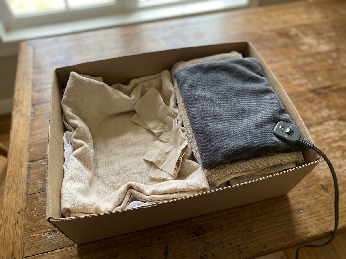 Warmth setup: soft cloth lining under a heat source placed safely