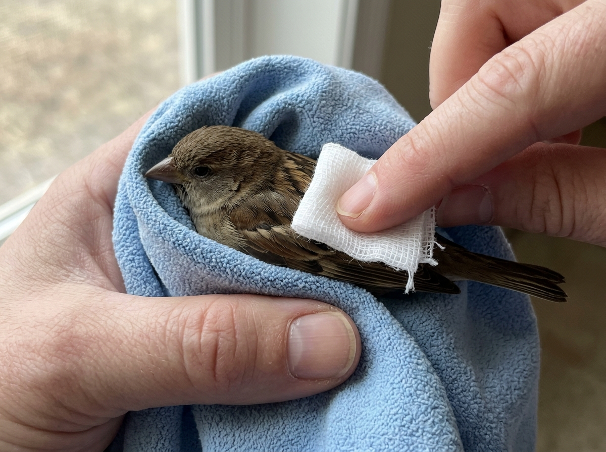 Gauze applying gentle direct pressure to a small bird’s bleeding wound