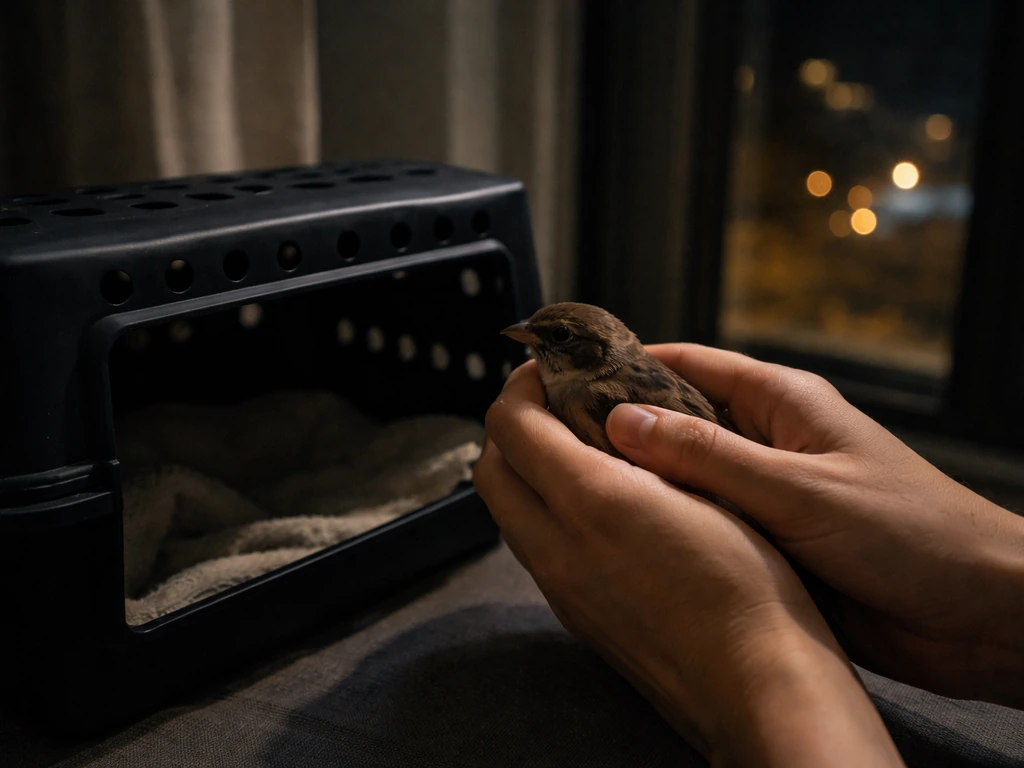 Anonymous hands carefully placing a stunned window-collision bird into a dark ventilated rescue box at night.