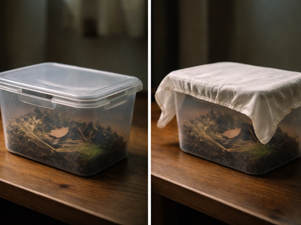 Loosely lidded container with breathable gaps and a light cloth over it in dim, safe setting