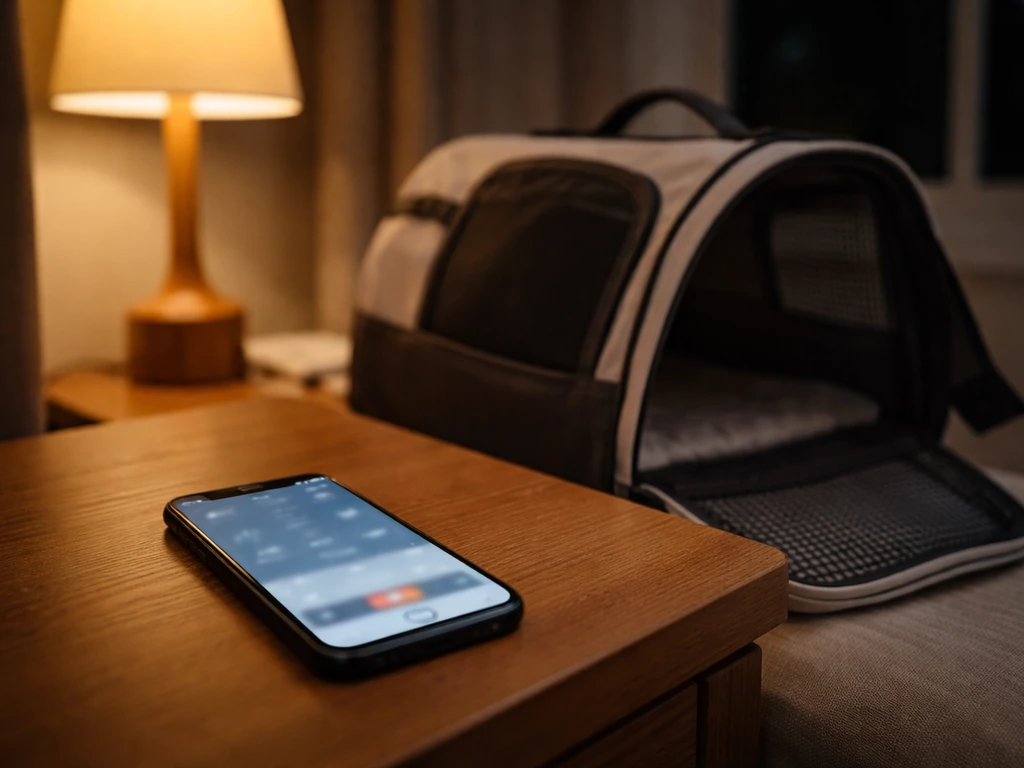 Nighttime iPhone on a bedside table with a blurred emergency call interface and an open bird carrier nearby.
