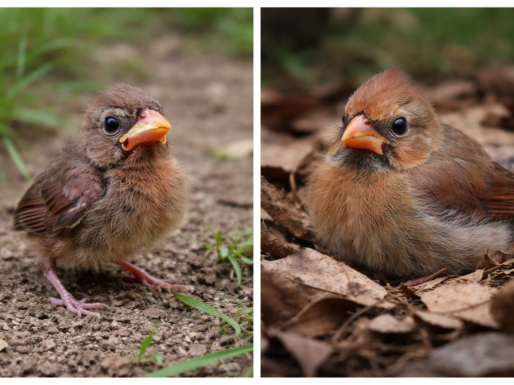 Side-by-side photo comparison of a cardinal fledgling versus a nestling on the ground.
