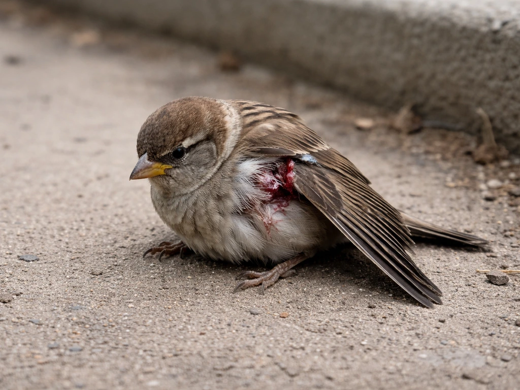 Close-up of an injured small bird with an open wound and a drooping wing, collapsed on the ground.