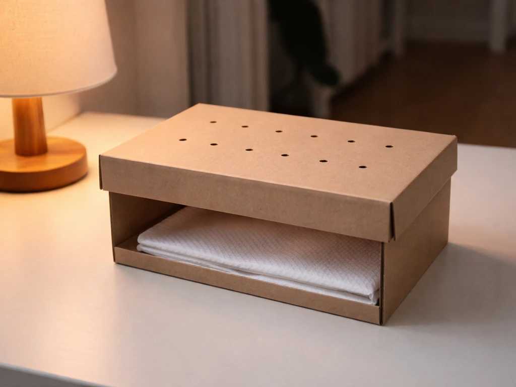 A shoebox recovery container with lid air holes, lined with soft paper towel, in a quiet warm indoor spot