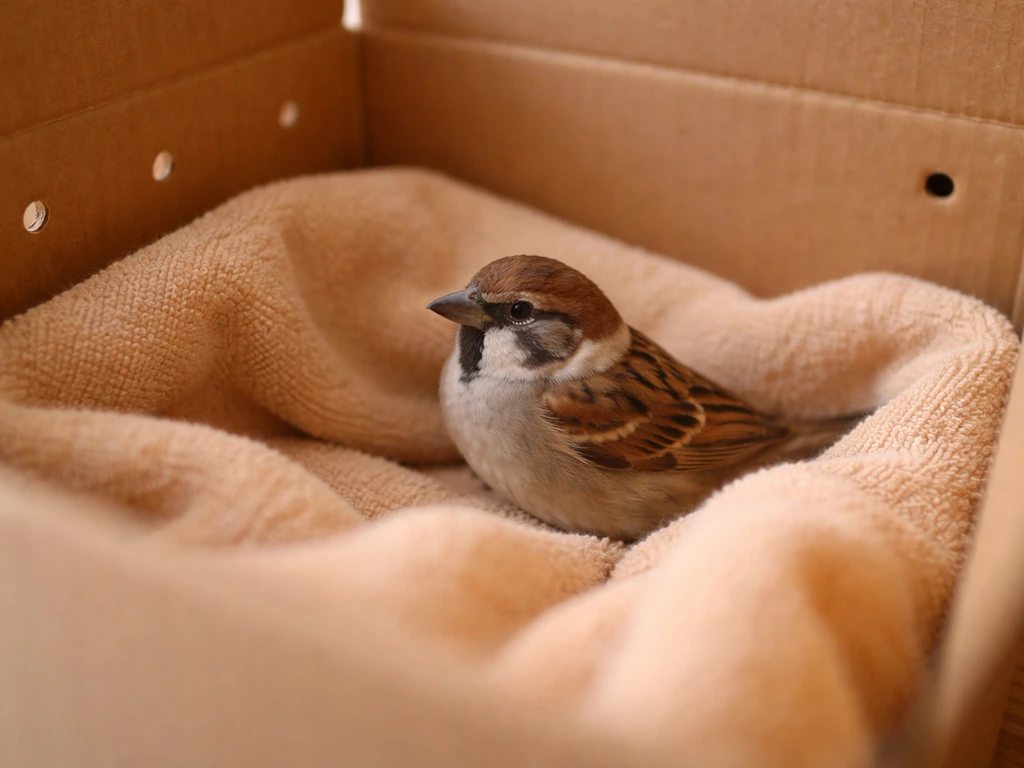 Small wild bird gently resting in a ventilated cardboard box on a warm towel, safely contained