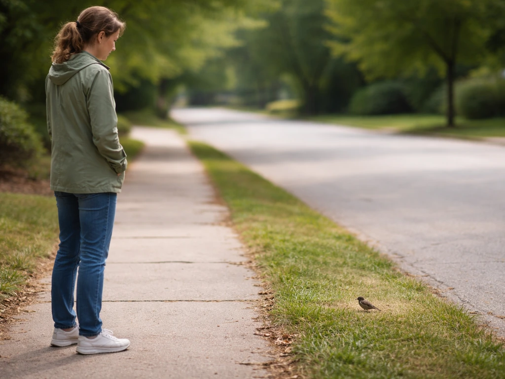 Person standing 10–15 feet from a small bird on the ground, watching from a safe distance outdoors.