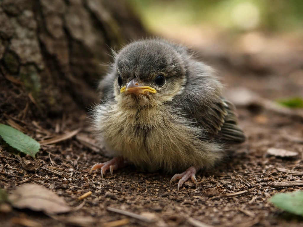 Close-up of a small feathered fledgling with downy feathers, gripping and looking slightly “abandoned” on the ground.