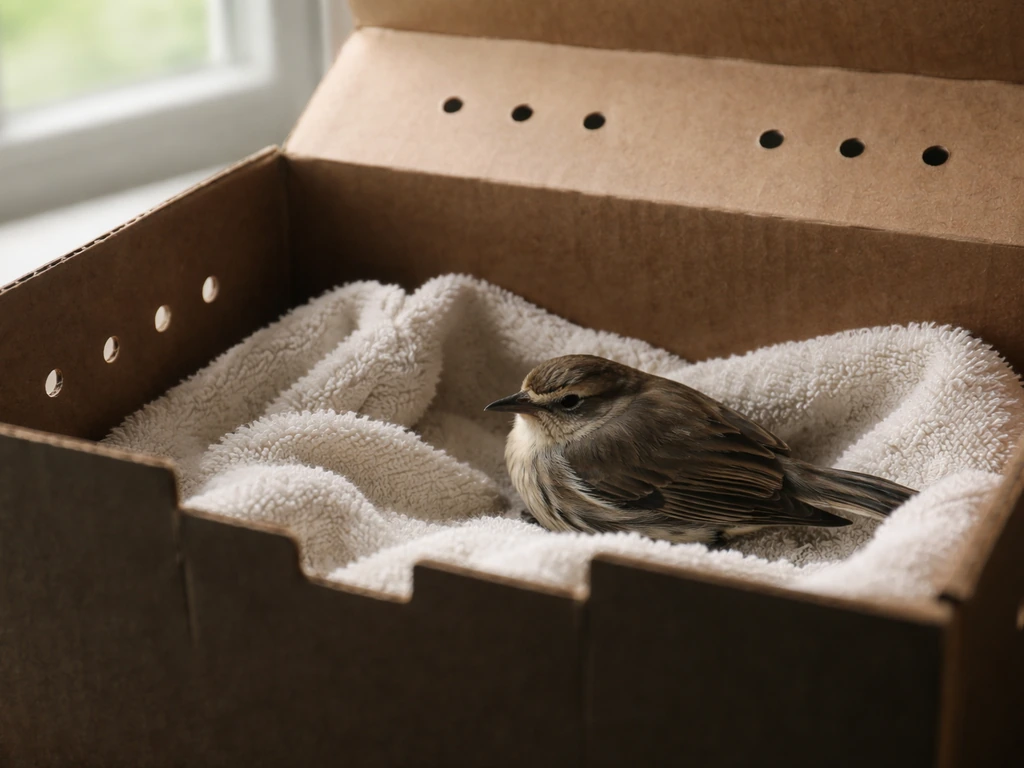 Small bird resting on a towel inside a ventilated dark box near a window