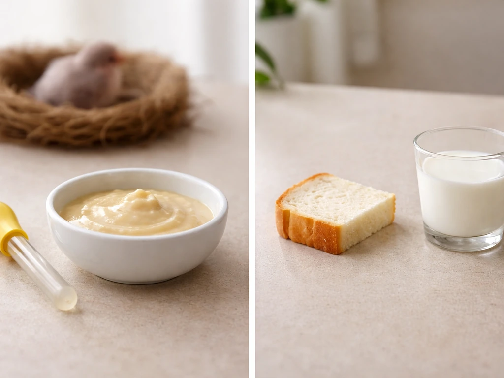 Minimal side-by-side baby bird feeding supplies versus forbidden items like bread and milk on a neutral table.