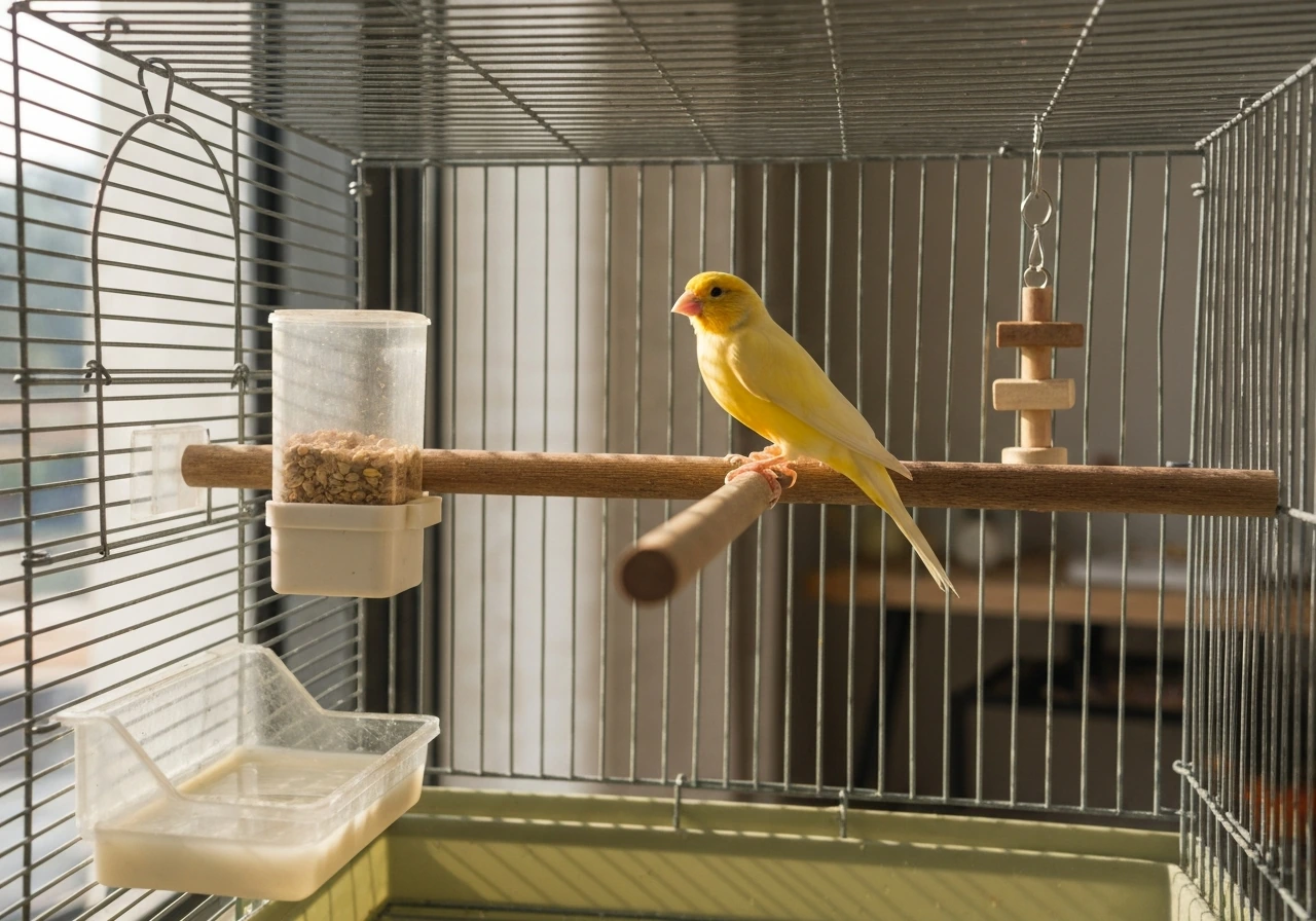 Yellow canary perched inside a clean cage with feeder, water dish, and warm natural light.