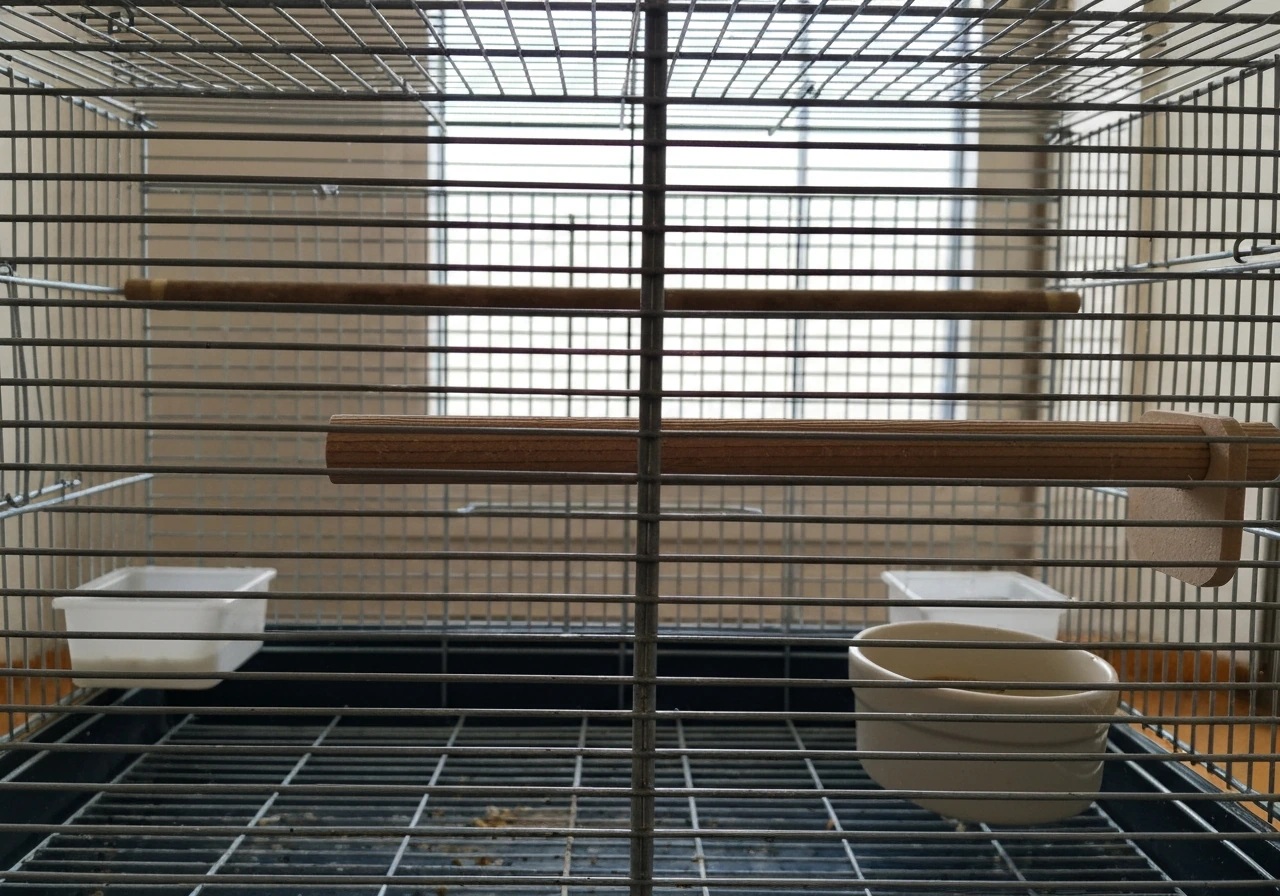 Close-up of a canary cage showing narrow bars, safe perch size, and feeder and water dishes.