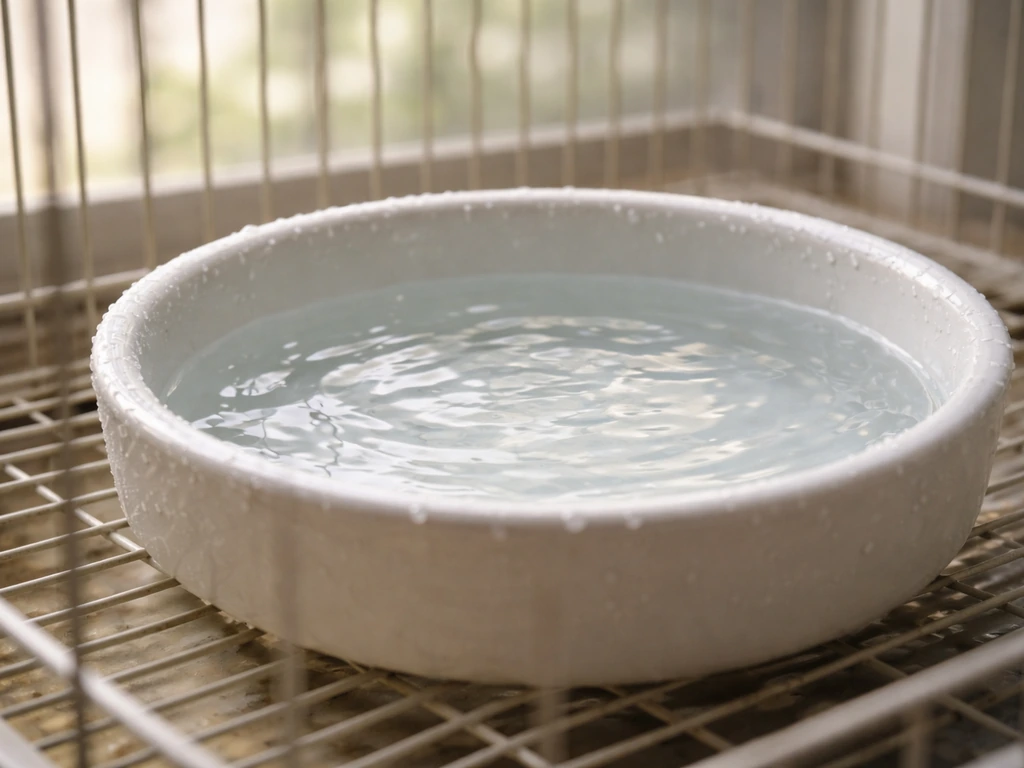 Shallow lukewarm bath bowl in a canary cage with gentle water ripples and droplets, no bird visible.