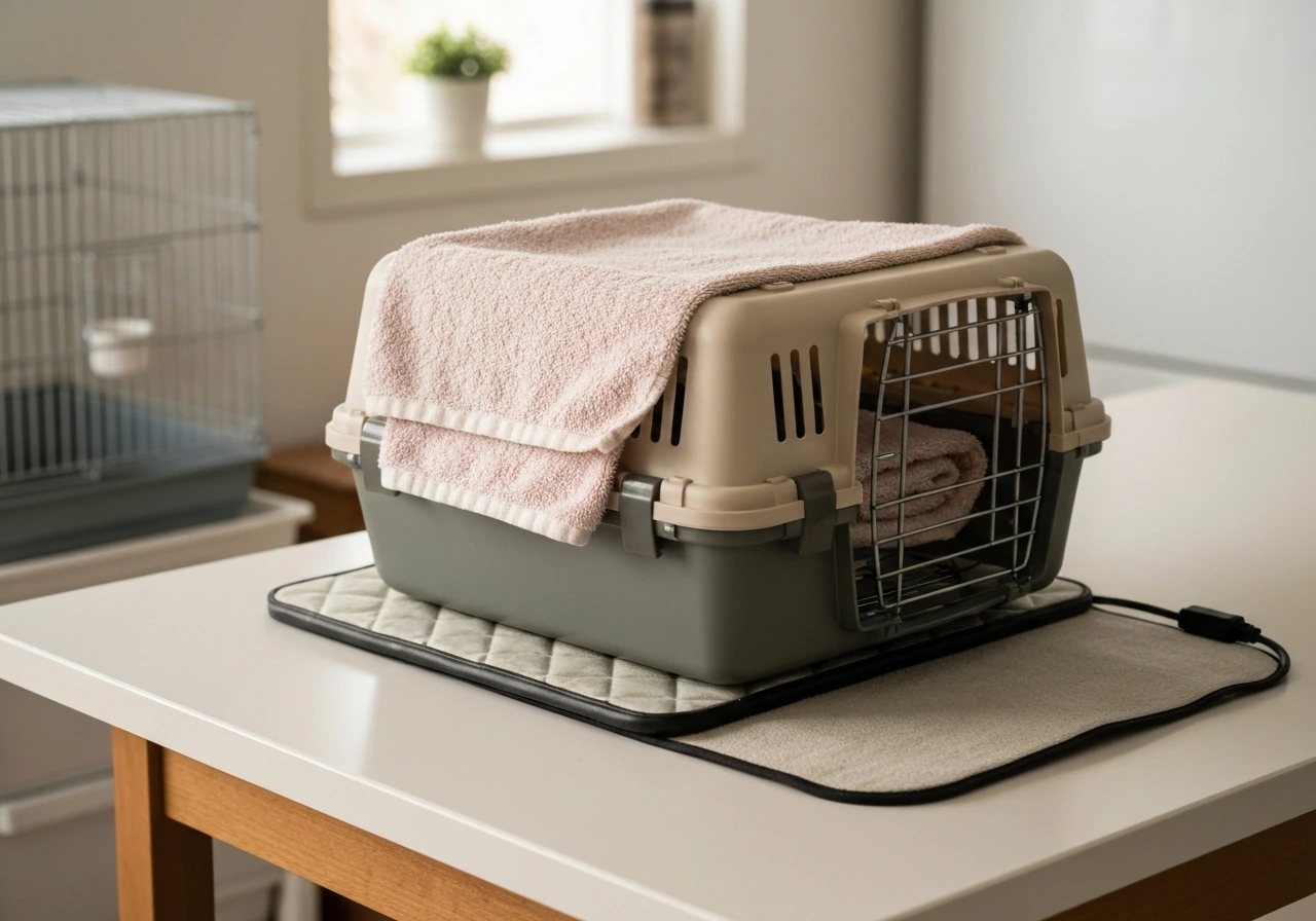 A small pet carrier lined with a soft towel, warmed by a heating pad for quiet recovery