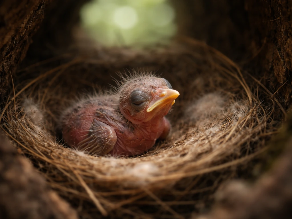A mostly featherless nestling with closed eyes in a small twig nest in a tree hollow.