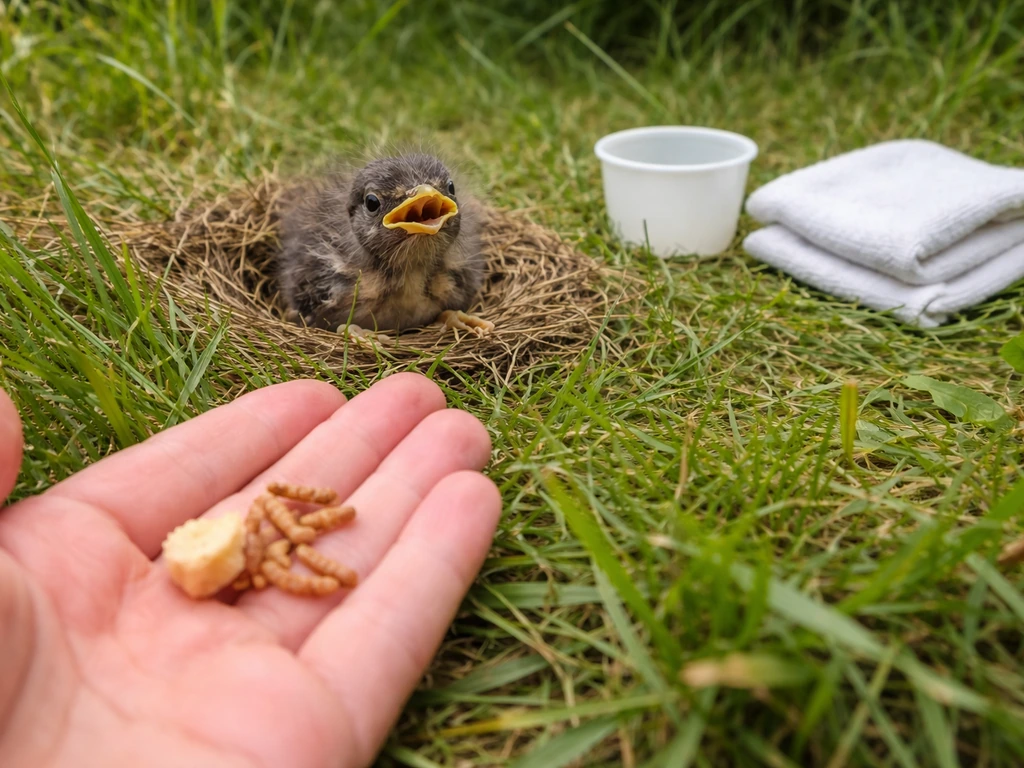 Hand holding bread and worms near a nestling, with nearby empty cup and cloth to signal no feeding.