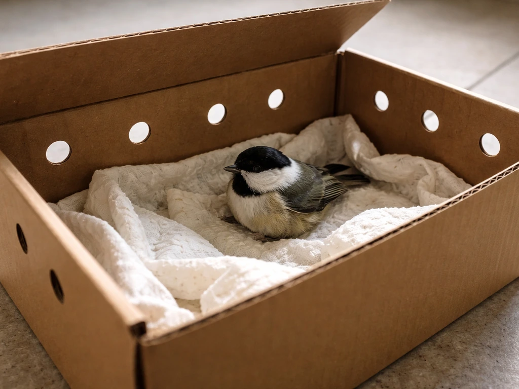 Small bird resting inside a lined cardboard box with ventilation holes and soft bedding.
