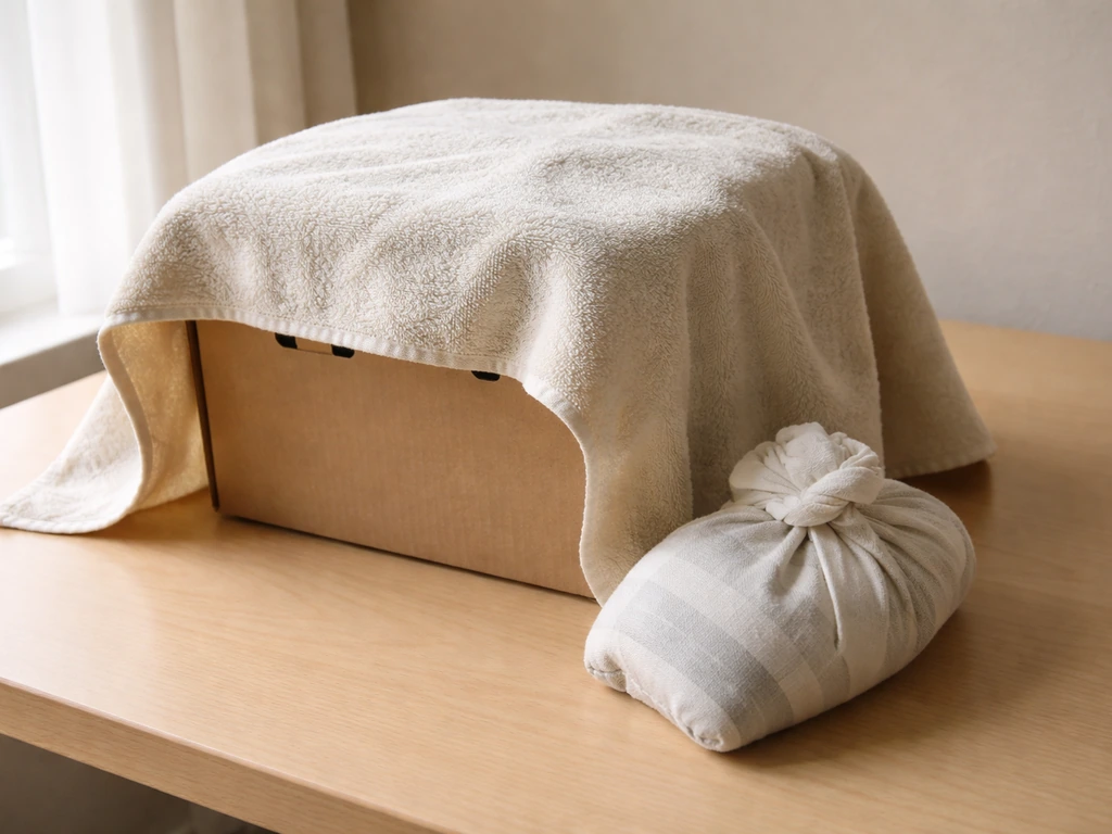 A warm sock-filled heat source wrapped beside a covered carrier for a quiet, safe nestling