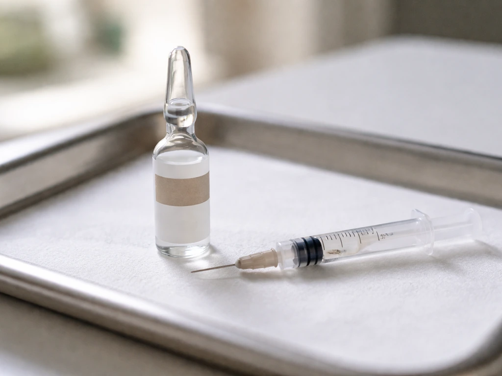 Close-up of a veterinary-style ampoule and small dosing syringe on a clean tray.