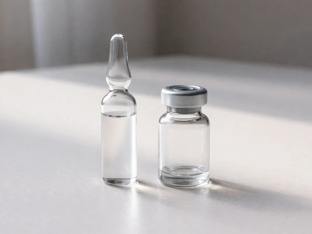 Close-up of a sealed single-dose medical ampoule next to an open small vial in a clean tray